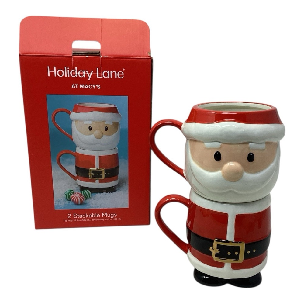 NEW Holiday Lane Macy's Santa Mugs 2 Stackable 18.1 oz Top 13.5 oz Bottom